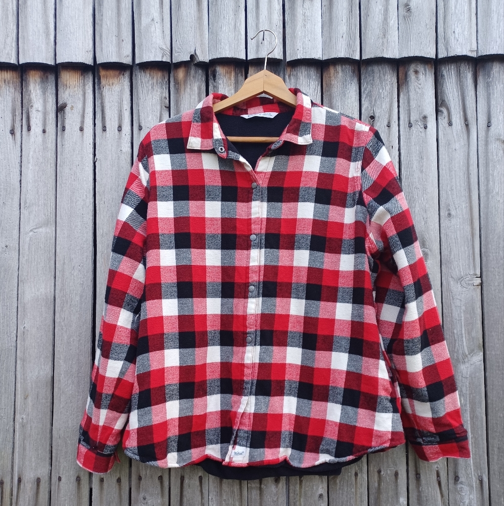 Woolrich red white black checkered snap fleece lined shacket jacket womens sz XL